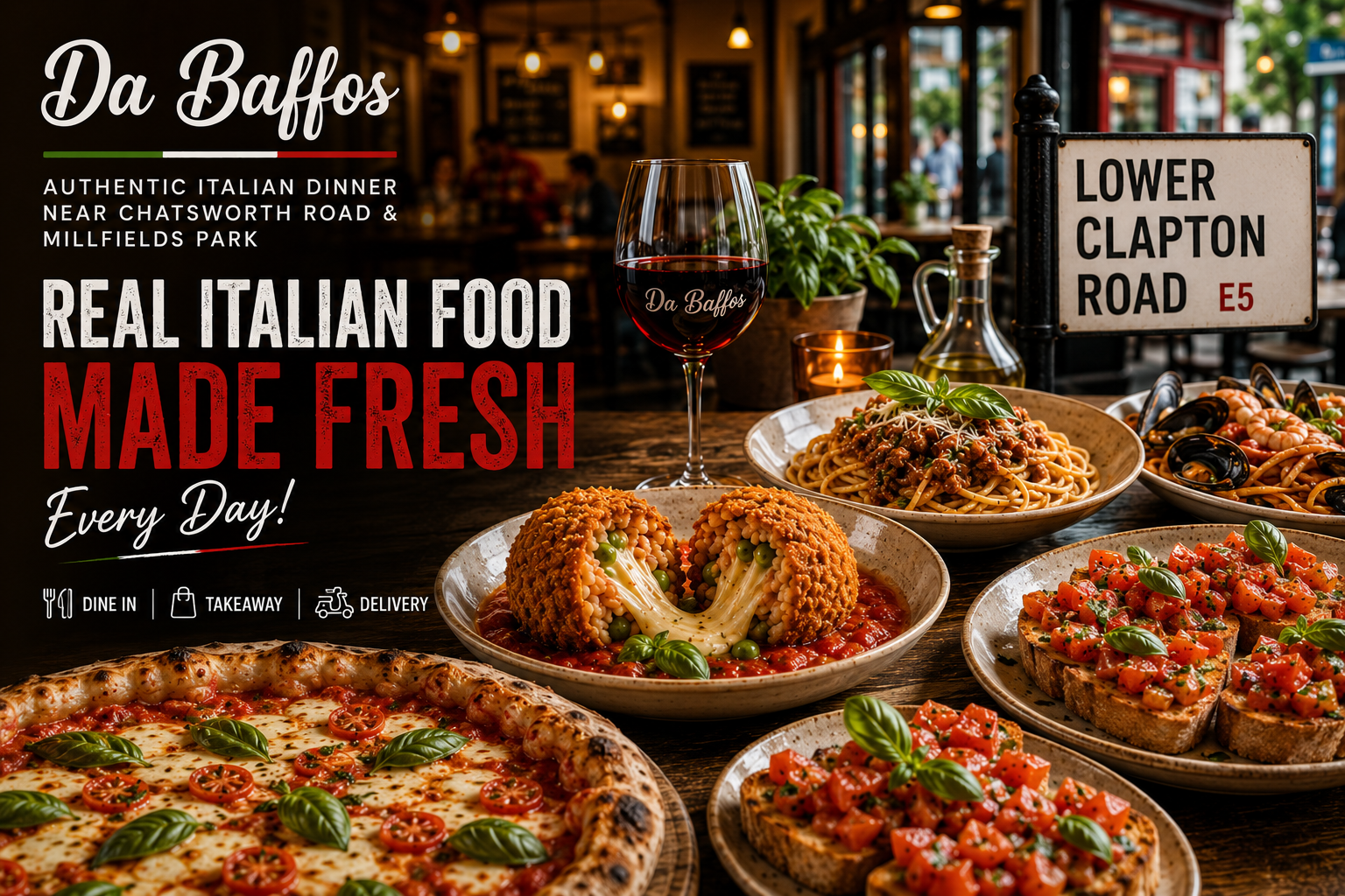 Authentic Italian dinner plates at Da Baffos, near Chatsworth Road and Millfields Park in Lower Clapton, London
