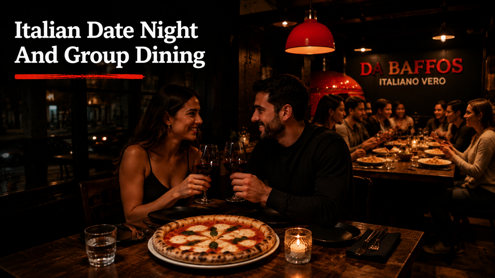 Couple-enjoying-Italian-date-night-with-stone-baked-pizza-while-a-group-dining-experience-takes-place-inside-Da-Baffos-restaurant-in-Clapton.