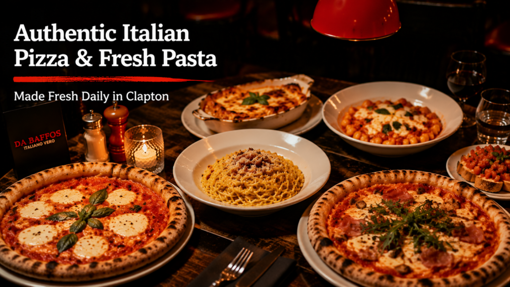 Stone-baked-Italian-pizza-and-handmade-pasta-served-on-a-restaurant-table-at-Da-Baffos-in-Clapton.